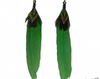 Green and natural feather earrings