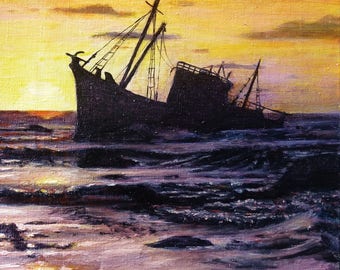 Sunset over the sea, oil painting from the dimensions 27 / 19cm