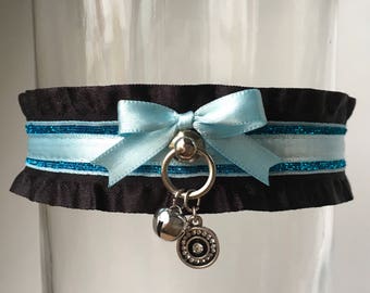 Teal, Turquoise, Blue and Black Glitter Collar, Kitten Play Collar, Choker, BDSM Collar, ddlg Collar, Lolita Collar
