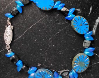 Bracelet - blue grey Czech glass - Jasper - silver plated