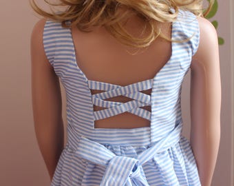 Navy dress with stripes, fancy at the back