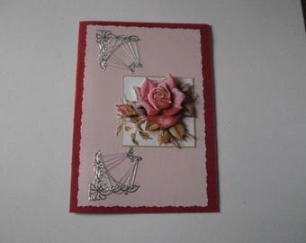 20 - Greeting card embroidered with a red rose in 3d