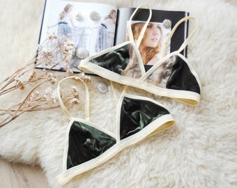 Olive bra ~ Olive bralette ~ Velour bra ~ Velour bralette ~ Triangle bra ~ Beige lace bralette ~ Khaki bra ~ Khaki bralette Green velour