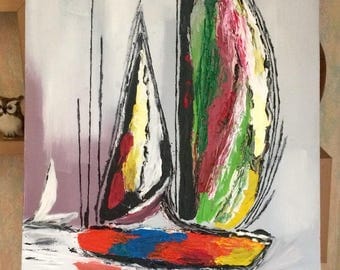 Oil painting sailboat made partially with a knife