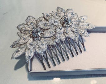 Bridal Hair Barrette With Silver Flower Applique