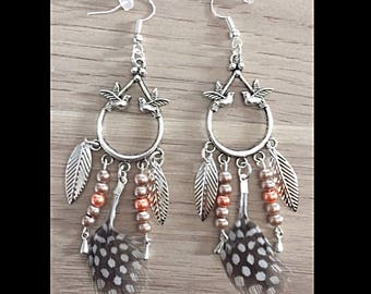 Natural feather earrings and glass beads
