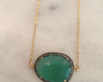 Onyx and Pave Diamond Necklace on 14 kt Gold Chain