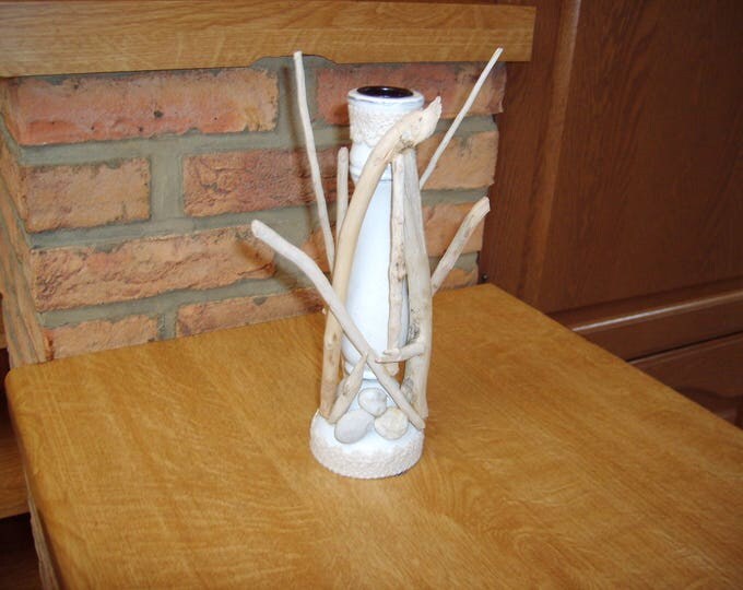 White wooden candle holder and Driftwood