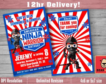 American Ninja Warrior Invitation with FREE Thank you Card! ANW Birthday Australian Ninja Warrior Parkour Obstacle Course Party Invite