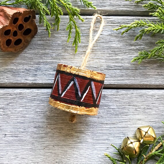 Wooden Drum Ornament Gold Leaf Hand-Painted Holiday