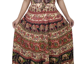 Boho Chic Gypsy Cotton Sleeveless Maxi Dress Elephant On Trail Bohemian Summer Comfy Long Dress For Womens M/L