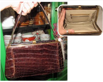 Vintage Brown Alligator Leather Purse Handbag, 40s, accessory