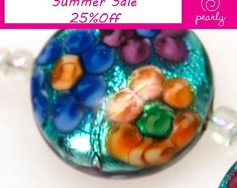 Pearly (5) metallic button lampwork beads with colorful flowers SRA Made to order