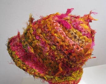 EARLY FALL SALE orange pink hat brimmed hat sari scrap hat wild hat crocheted hat gold pink hat handmade hat upcycled fabric hat "Sonne"