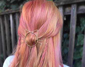 Cat Bun Pin Hair Clip Brass Barette Handmade Cat Whiskers Bun Slide