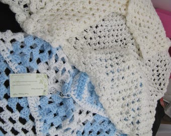 To CLEAR, Two crochet baby bl;ankets, Blue Blanket, white crochet blanket