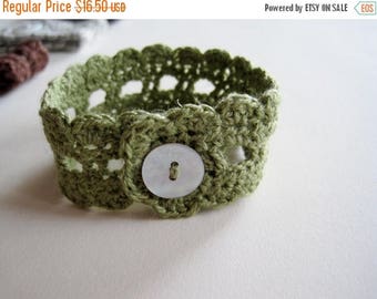 First Fall Sale - 15% Off Rustic Romantic Lace Wrist Cuff in Willow - Cotton Linen Blend Fiber Jewelry Bracelet in Green with Shell Button F