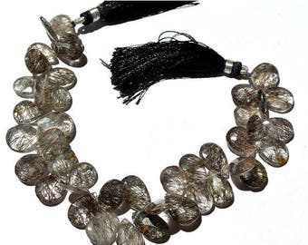 50% Off Sale 7.5 Inch 43Pcs Finest Quality Black Rutilated Quartz Faceted Pear Briolettes 147Cts 16.5x9.5-10x7.5mm