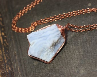 Blue Lace Agate Necklace Rough Nugget Copper Wire Wrapped Light Blue Gemstone Pendant Luxe Rustic Jewelry