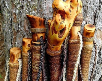 Rustic Root Walking Stick with Braided Leather, Rugged Maple wood hiking staff, 60" tall Natural Wooden walking stick