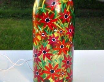 Wine Bottle Light, Night Light, Hand Painted, Light Green Wine Bottle, Red Flowers, Painted Glass Bottle, Glass Art, Home Decoration