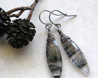 Summer Sale 20% Off Rutilated Quartz Earrings, Black and White Earrings, Tourmalinated Quartz Drop Earrings, Dainty Black Earrings, Spike Ea