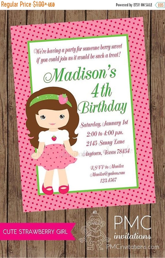 SALE Blonde or Brunette Strawberry Girl Birthday Party Invitations - 1.00 each with envelope Il_570xn