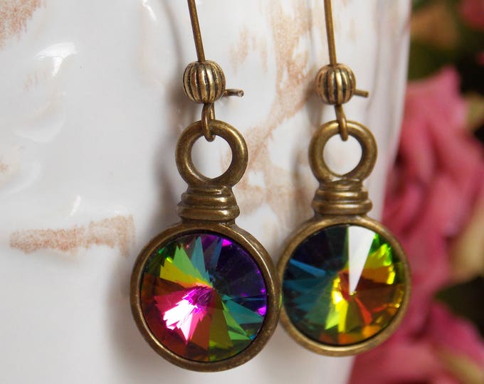 Rainbow Swarovski Crystal Rivoli Long Earrings Vintage Style Green Blue Yellow Crystal Brass Dangle Gift