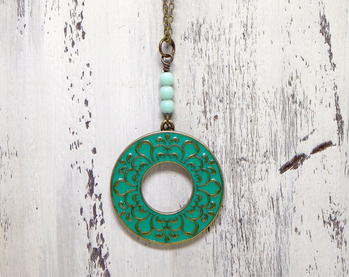 Green Turquoise Ring Necklace, Open Circle Necklace, Enamel Ornate Circle Necklace, Czech Glass Eternity Minimalist Boho Brass Necklace
