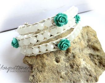 Faceted Beads Bracelet, crafted, Woman, white, teal, Pink for her, gift girl, bride, chan luu style,