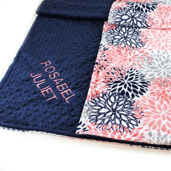 Personalized Baby Blanket, Navy Coral Minky Baby Blanket Girl - Flowers Nursery Decor, Name Baby Blanket, Coral Baby Blanket, Floral