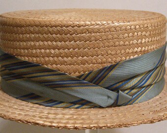 22 1/2" = Vintage 1950's Mid Century Men's Straw Boater Hat
