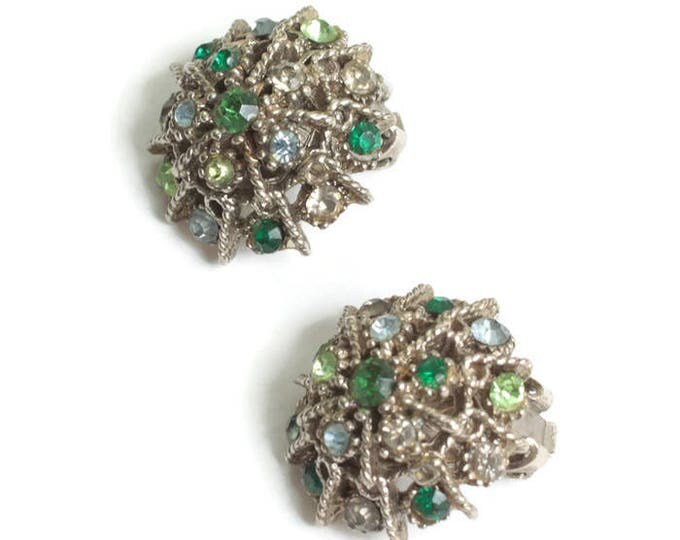 Green Blue Clear Rhinestone Earrings Domed Segmented Spokes Gold Tone Vintage