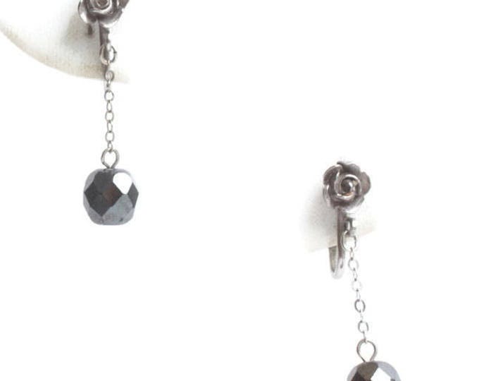 Dark Grey Faux Hematite Earrings Rosebud Accent Dangle Drop Clip On Vintage