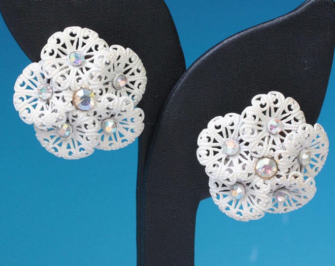 Vintage White Filigree Earrings Aurora Borealis Rhinestones Overlapping Circles Signed Marvella