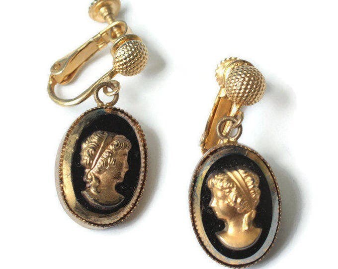 Gold and Black Cameo Earrings Dangle Adjustable Clip Vintage