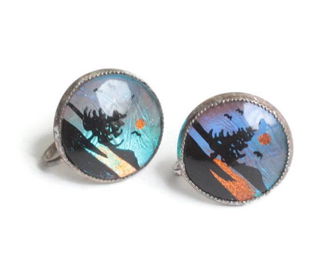 Butterfly Wing Earrings Lake Mountain Scene Screw Back Sterling Silver Tone Vintage