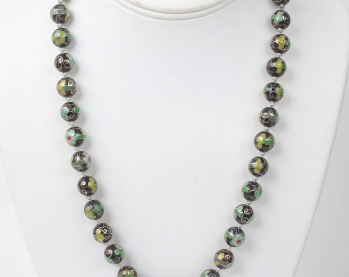 Green and Black Cloisonne Bead Necklace Porcelain Beads Vintage
