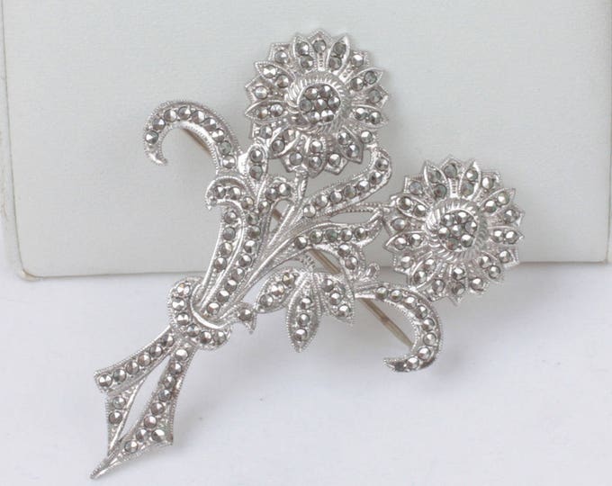 Marcasite Sterling Flower Brooch Double Blossoms Vintage