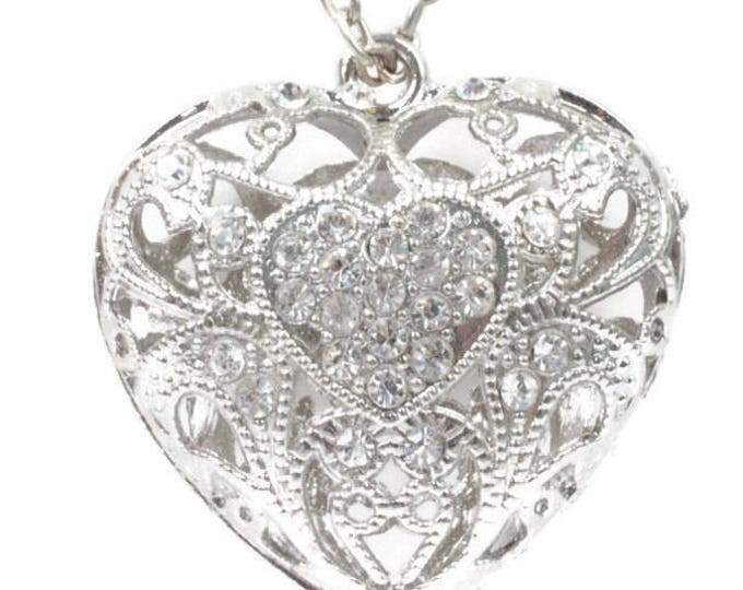 Filigree Heart Pendant Necklace Clear Rhinestones Chunky 28 Inch Chain Vintage