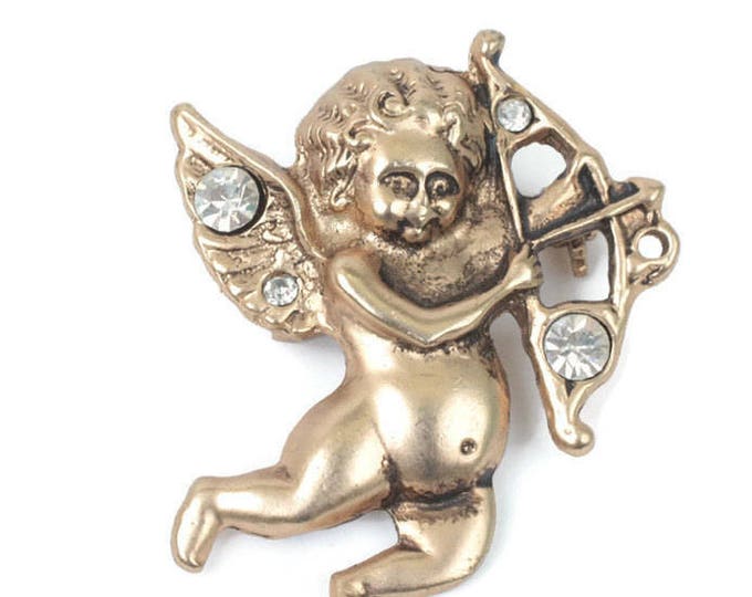 Cupid with Arrow Brooch Rhinestones Gold Tone Antiqued Finish Vintage