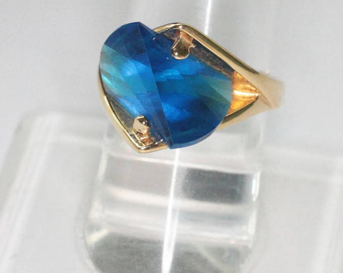 Blue Glass Statement Ring 18K GE Modernist Avant Garde Gold Tone Setting Size 8