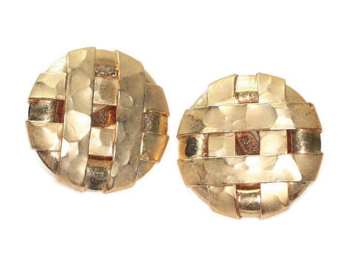 Woven Design Large Circle Earrings Hammered Finish Clip On Vintage