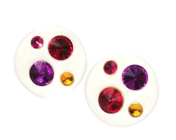 White Lucite Rhinestone Earrings Multi Color Rivoli Stones Large Round Clip Ons