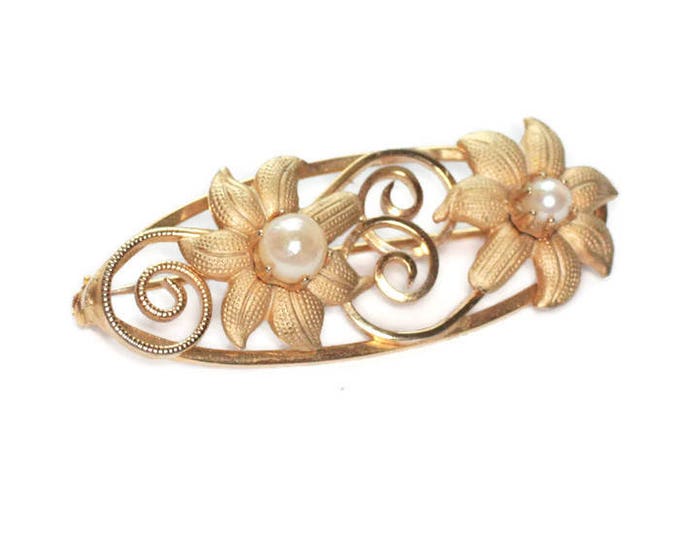 Cultured Pearl Oval Pin Brooch Flowers Gold Tone Vintage