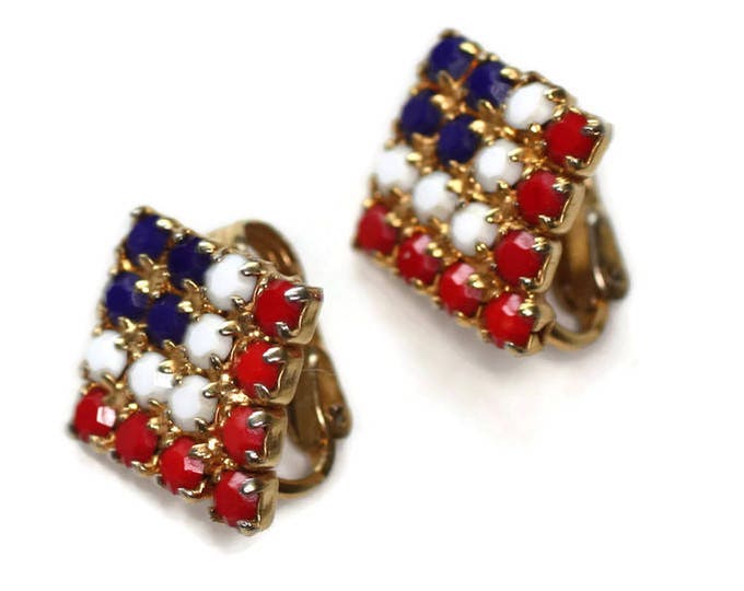 Red White and Blue Earrings Opaque Beads Clip On Patriotic Vintage