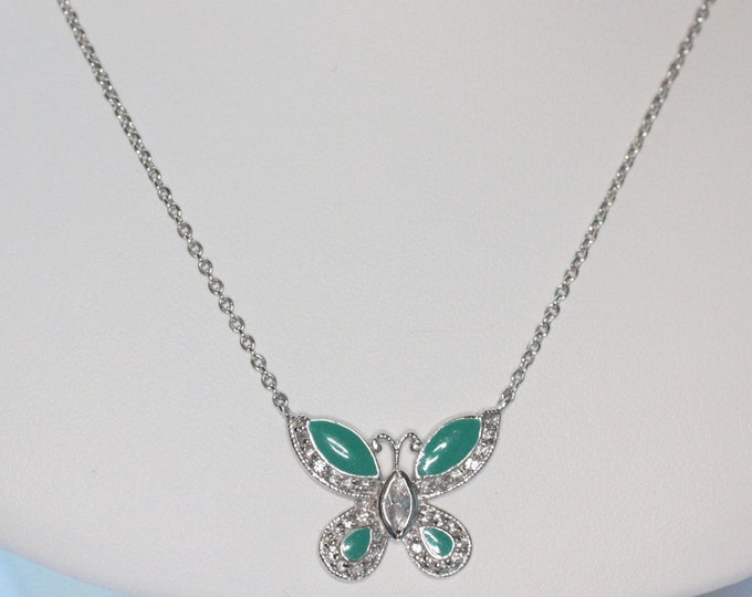 Green Enameled Butterfly Pendant Necklace Crystals Signed FAS Vintage