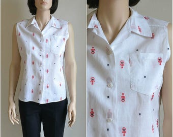 50s Sleeveless Blouse Novelty Embroidered Top
