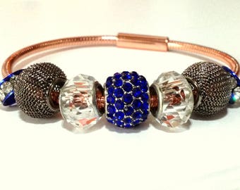 Copper, Brown, Bright Blue, and Crystal Pandora Style Charm Bracelet / Charm bracelet/ European Charm Bracelet