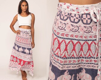 Ethnic Skirt 70s Wrap Skirt INDIAN Maxi Indian ELEPHANT Bohemian Hippie 1970s Boho Vintage High Waisted White Red Blue Small Medium Large xs